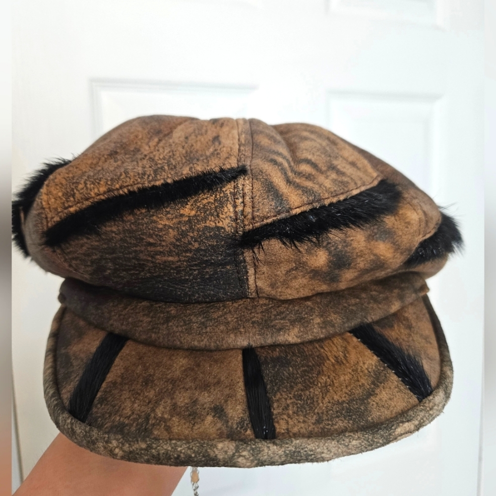 Brown real lamb skin and fur adjustable hat